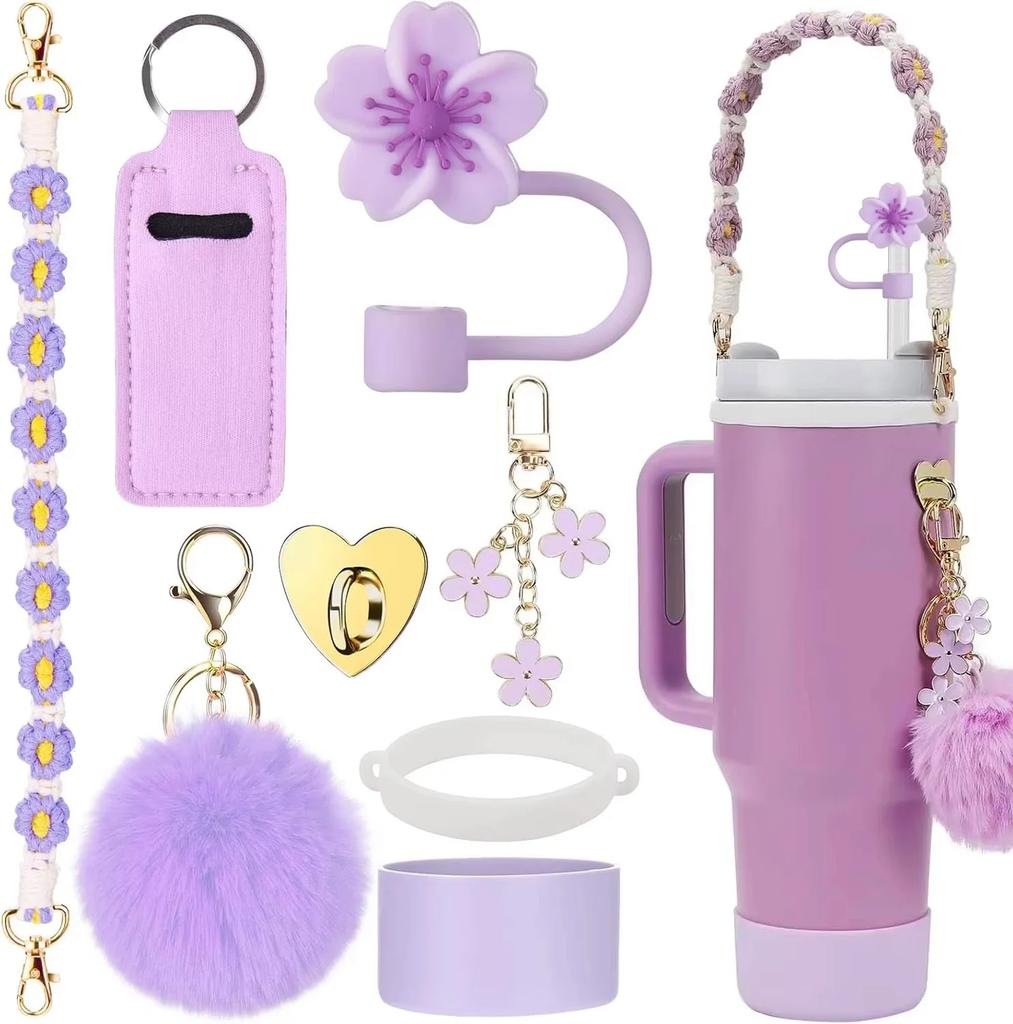 Set di 7/8 Pezzi di Accessori per Tazze per Stanley Cup Inclusi Manico Cinturino Base in Silicone per Tazza Copri Cannuccia Ciondoli per Bicchiere da 40oz 30oz