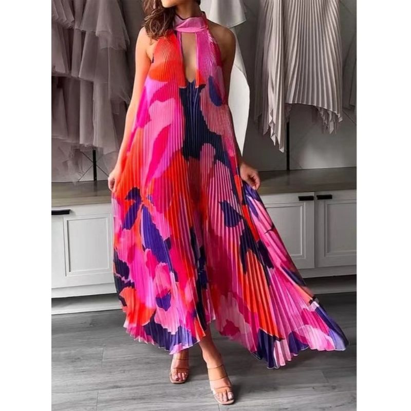 Bohemian Deep V Hollow-out Hanging Neck Lace-up Backless Sexy Sleeveless Pleat Big Hemline Mid-Length Dress Vacation