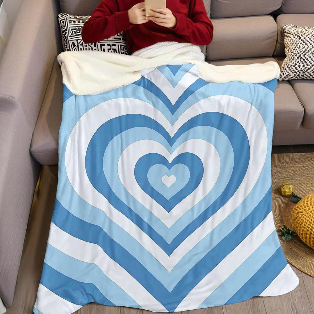 Blue Heart Layers Flannel Blanket Warm Soft Halloween Christmas Couch Warm Cozy Decorative Decor Gift for All Season