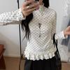 Korean Style Polka Dot Lace Long Sleeve T-Shirt with Ruffled Hem for Women