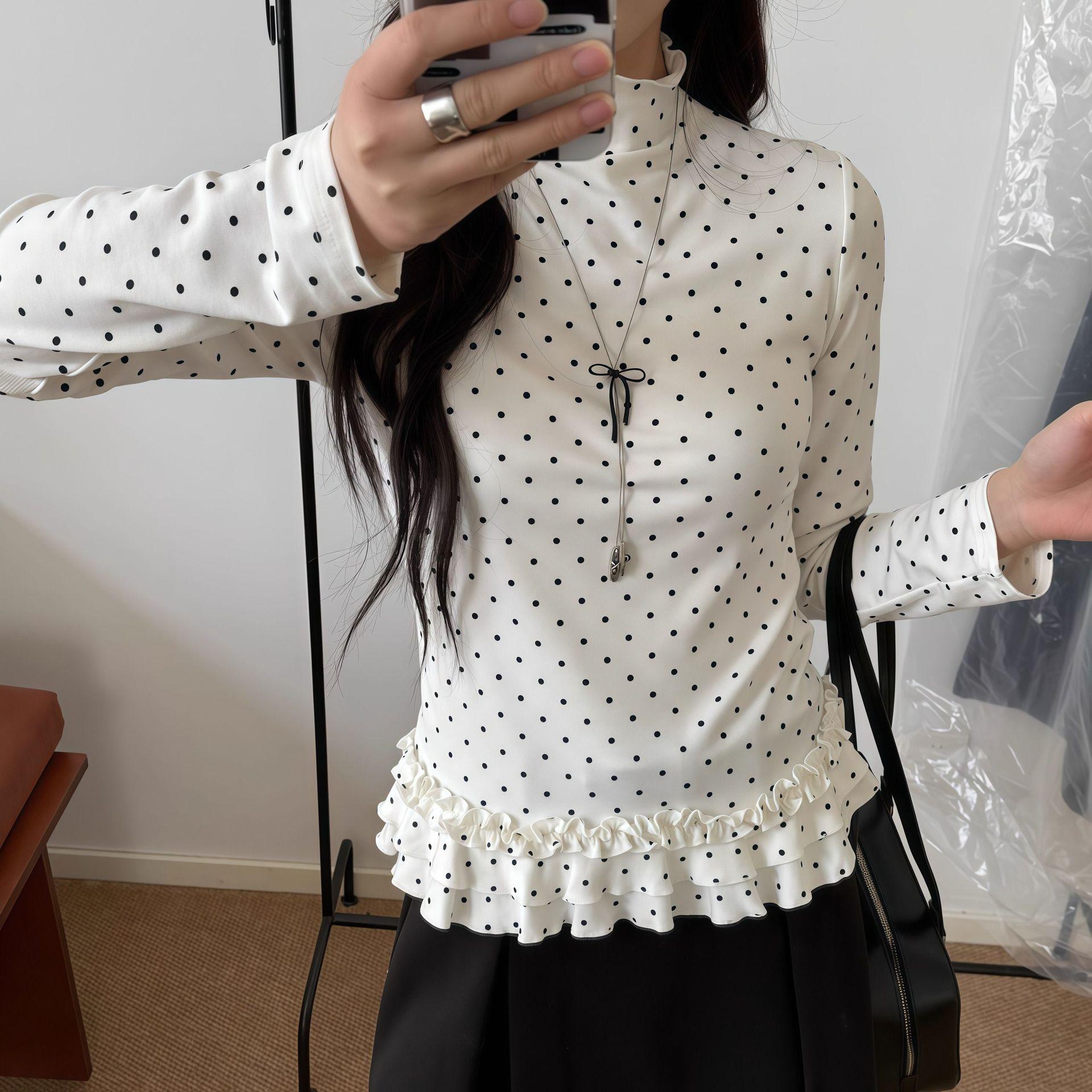 Korean Style Polka Dot Lace Long Sleeve T-Shirt with Ruffled Hem for Women Large