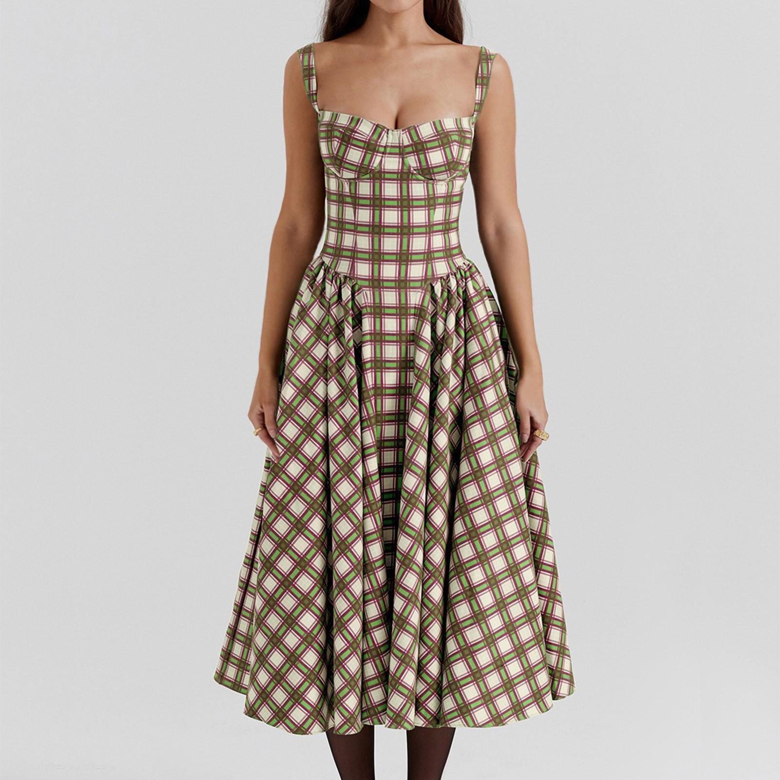 

Жіноча модна ретро-сукня на блискавці з принтом і принтом на підтяжках XL зелений