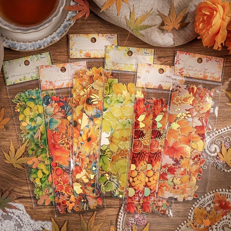 15 Stück Herbstpflanzenblatt- und Fruchtaufkleber Selbstklebende Scrapbook-Abziehbilder Unregelmäßige Formen für Telefon, Laptop, DIY-Bastelarbeiten, Dekorative Aufkleber mit Herbstthema