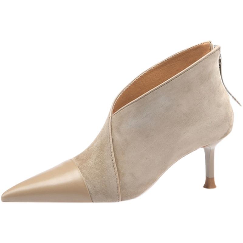 Hot spring genuine leather modern back zipper pointed toe splicing stiletto high heels dating apricot color pumps l31