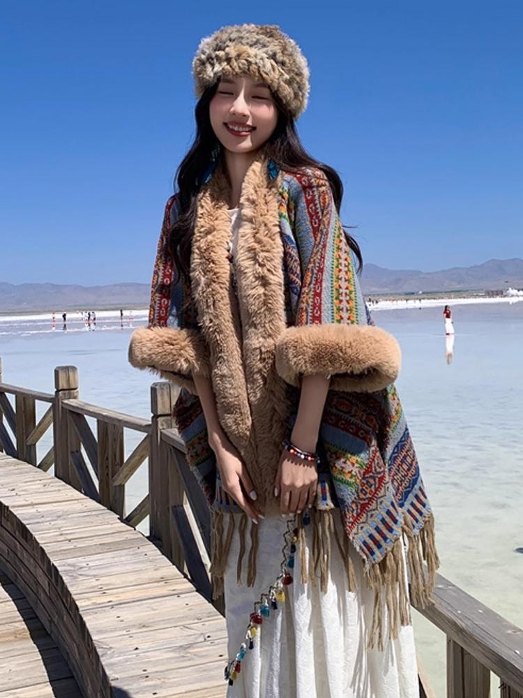 Winter Women Scarf Layers Poncho Elegant Retro Striped Print Wraps Shawl Casual Warm Hairy Scarve Capa Para Mujer Pashmina Cloak