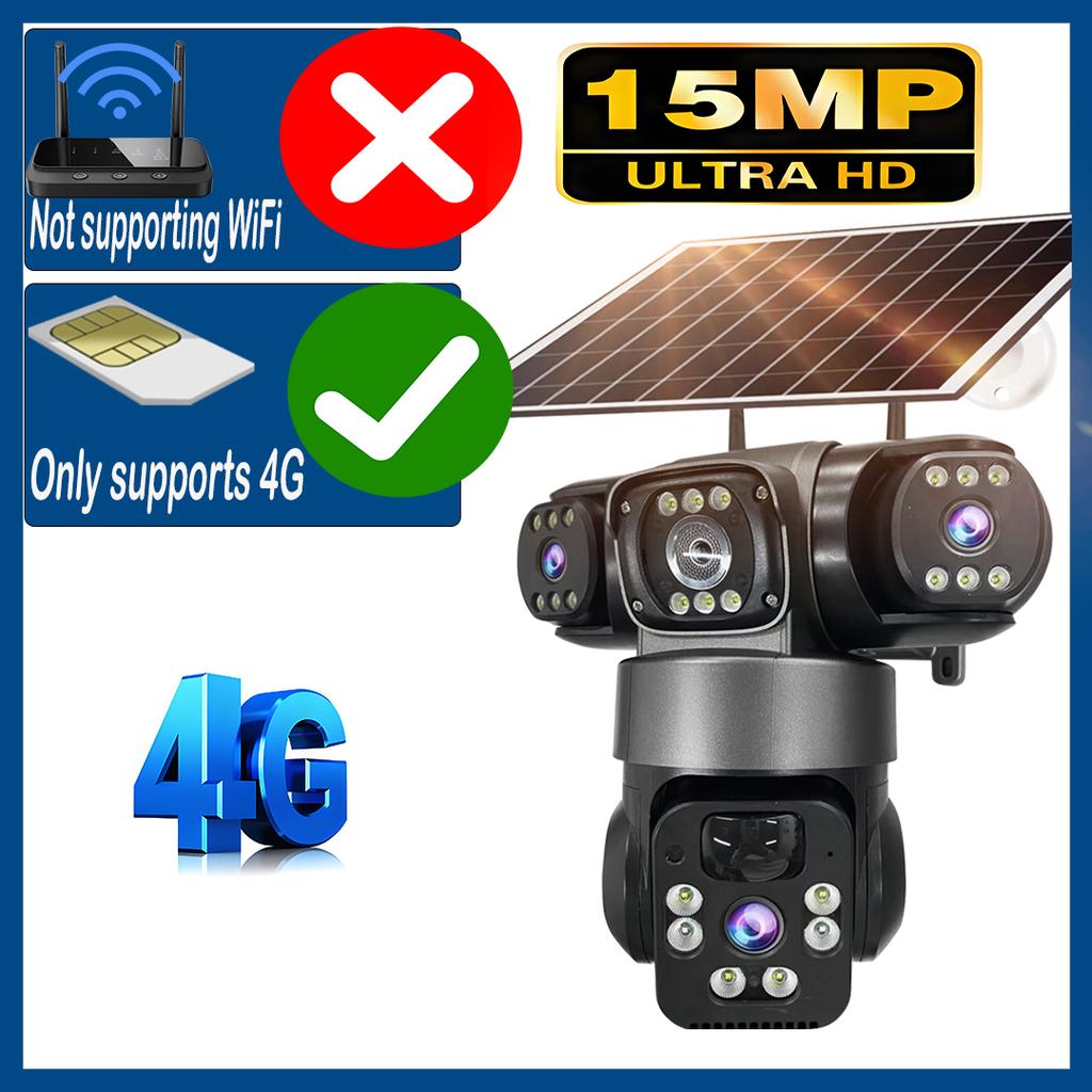 V380 15MP 4G SIM Solar Camera Outdoor Triple Lens Three Screen Two-Way Audio Auto Tracking Security Camera CCTV PTZ Surveillance