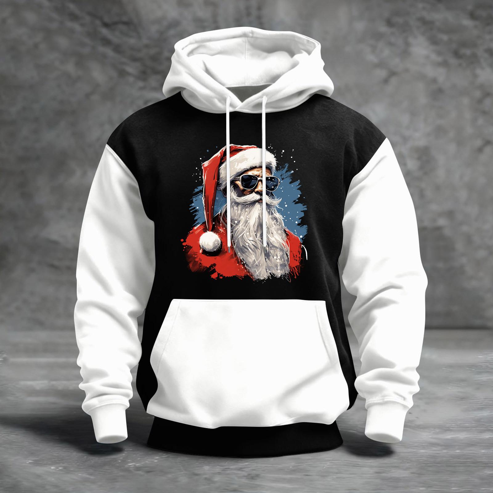 

Мужской рождественский свитшот с капюшоном, повседневный, спортивный, удобный, с цветными блоками и принтом XXL белый