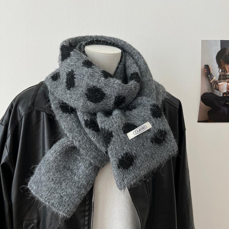 Korean Style Polka Dot Plush Knitted Scarf Soft Thick Color-Block Scarf Thermal Windproof Neck Warmer Scarves