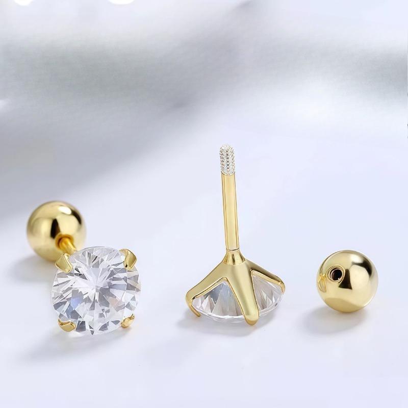 Golden Four-claw Zircon Ear Studs - No Need To Remove The Ear Ring Screws When Sleeping; Simply Twist The Ear Canal Screws.