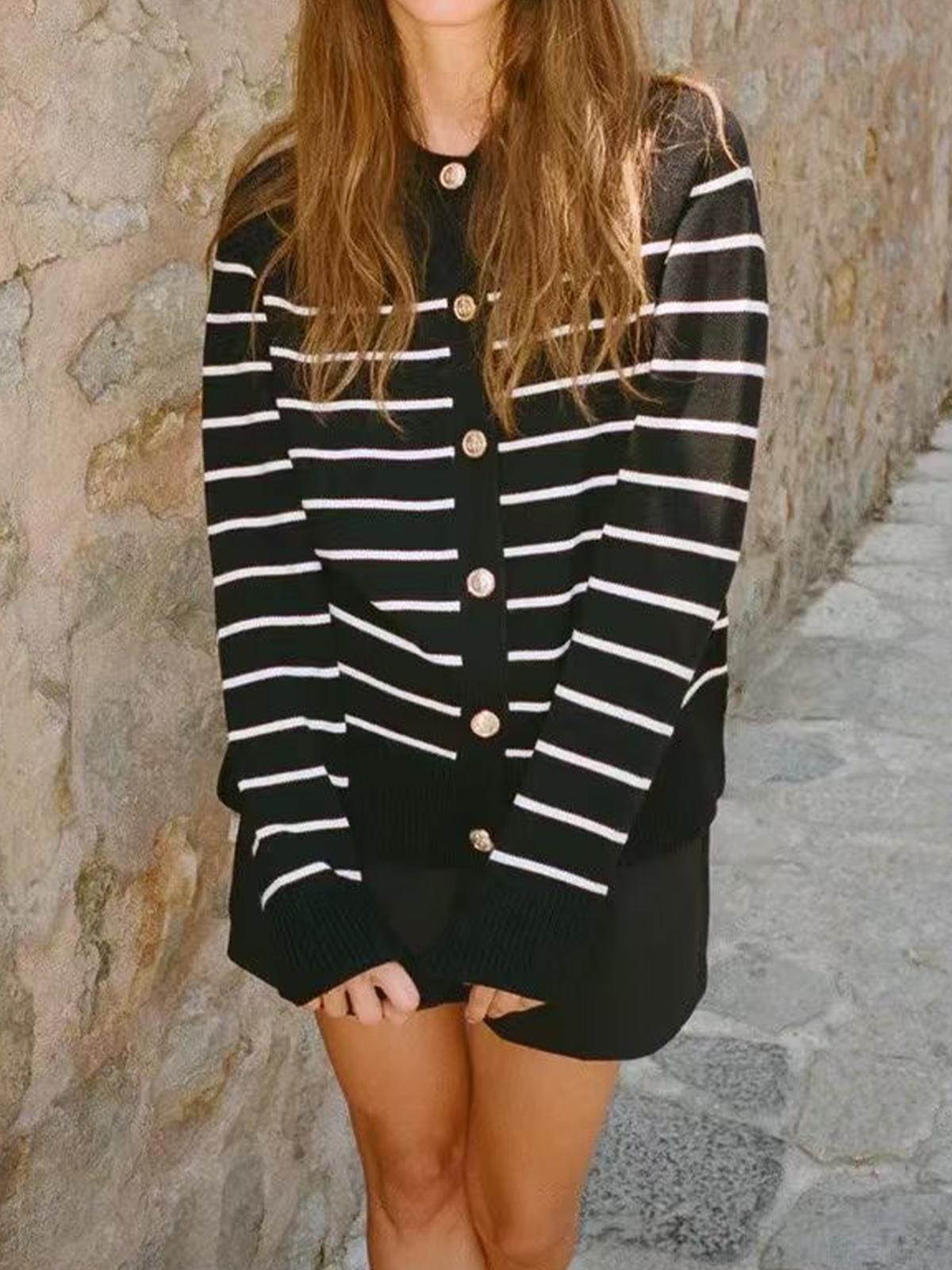 

Rose Beauty A Casual Button Regular Sleeve Round Neck Regular Fit Striped Printed Women s Cardigan, Casual Daily Wear, Осень/Зима L чёрный