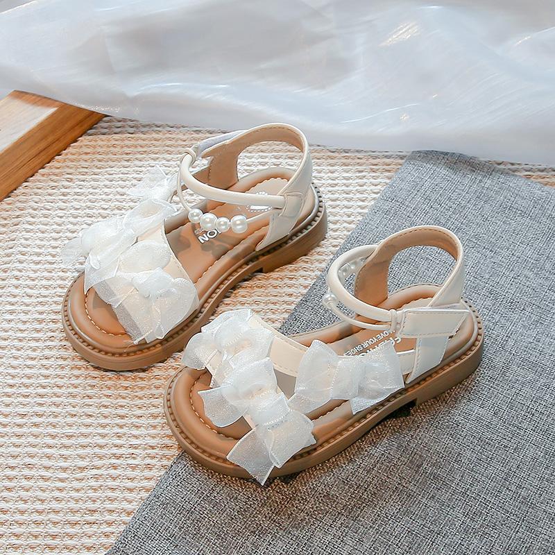 Kids Beach Shoes Open Toes Sweet Lace Girls Sandals Pu Leather 2025 Summer New Children Princess Shoes Soild Color Elegant Cute