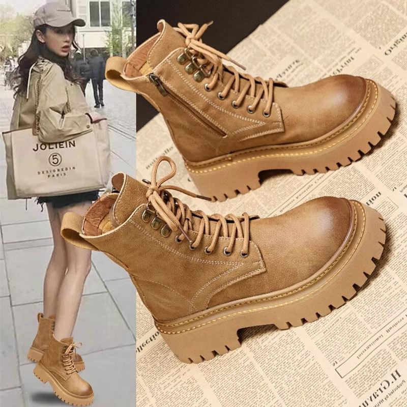 Rhubarb boots retro motorcycle boots British style women's autumn and winter new item thick sole