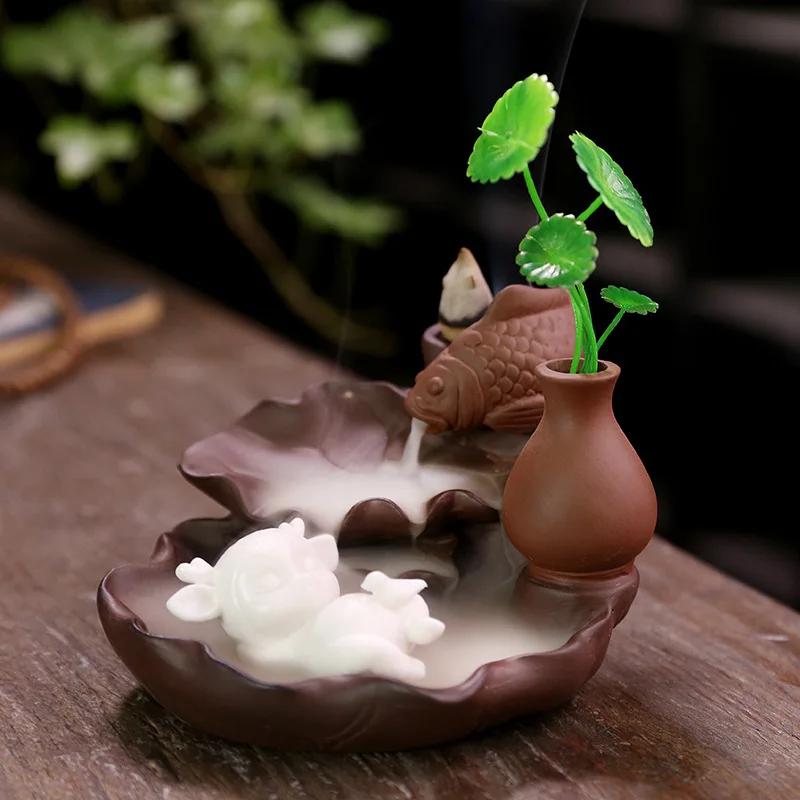 

Фиолетовая глиняная рыба Лотос курильница с обратным потоком благовоний держатель для палочек для благовоний домашний декор курильница для медитации и релаксации дзен-украшение