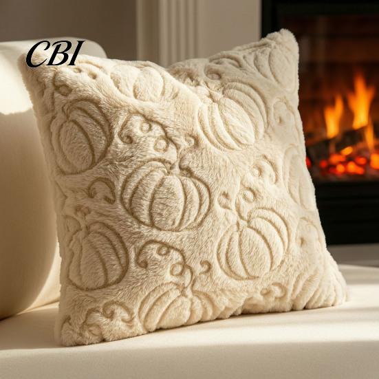Cream Tone Bedding Accessories Fall Plush Cushion Cover, Pumpkin Maple Leaf Embroidery Throw Pillow Soft Skin Friendly Cases Autumn Farmhouse Case for