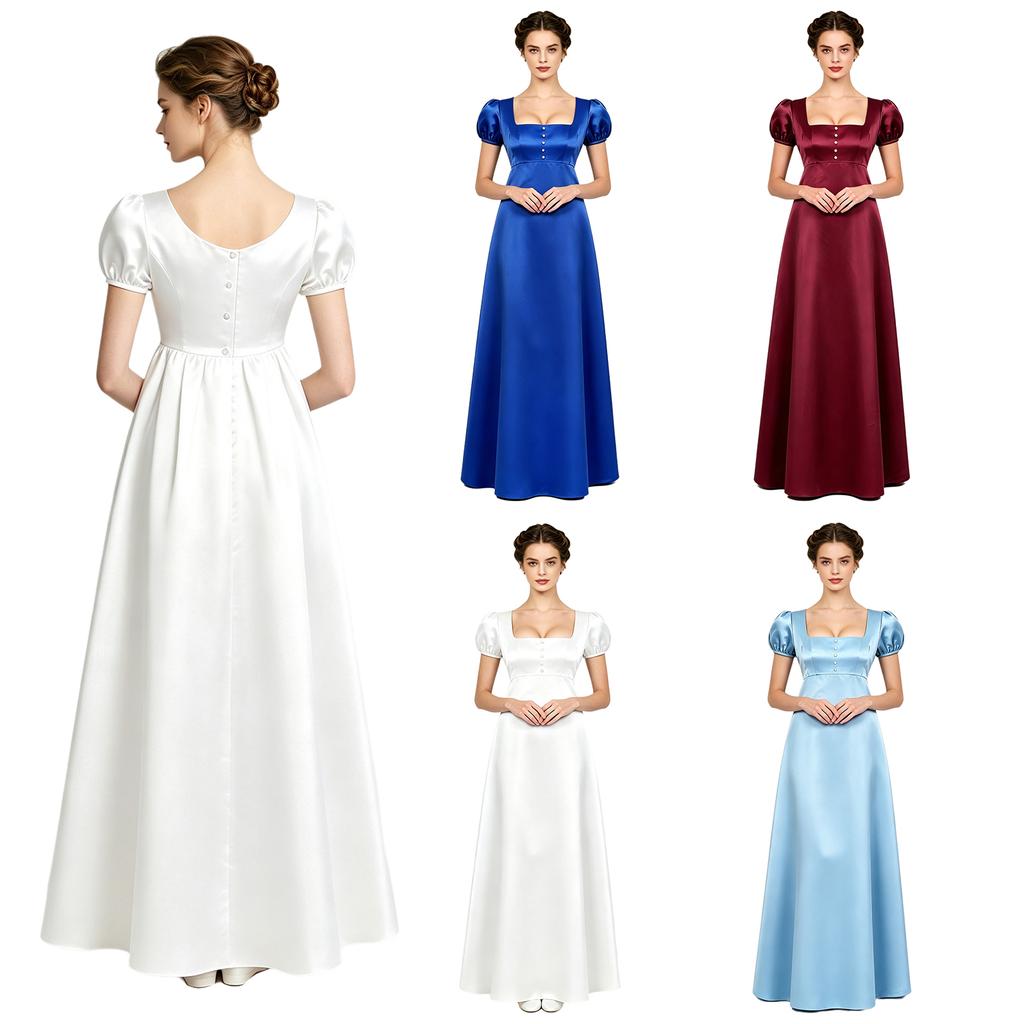 Women Party Formal Dress Retro Regency Square Neck Faux Pearl Decor Puff Sleeve Empire Waist Satin Maxi Gown Back Button