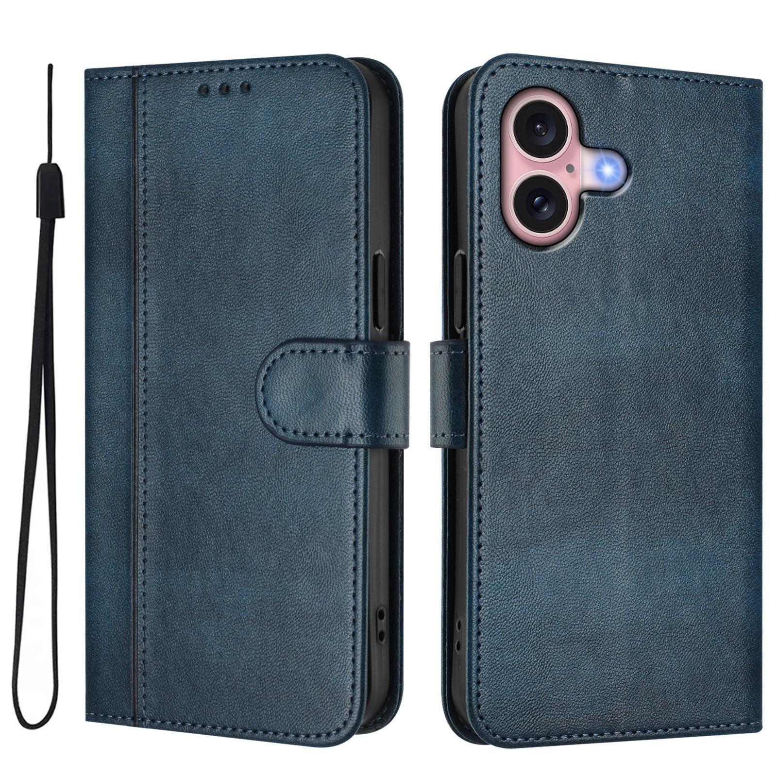 

For iPhone 16 Cases Wallet Stand Retro Texture Leather Phone Cover with Lanyard Blue