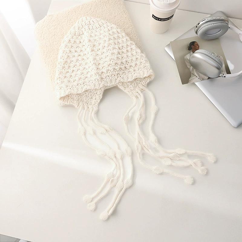 

Рождественская Зимняя Шерстяная Шапка с Кисточкой Вязаная Защита Ушей для Женщин Зимняя Теплая Вязаная Крючком Шапка-Накидка Бини