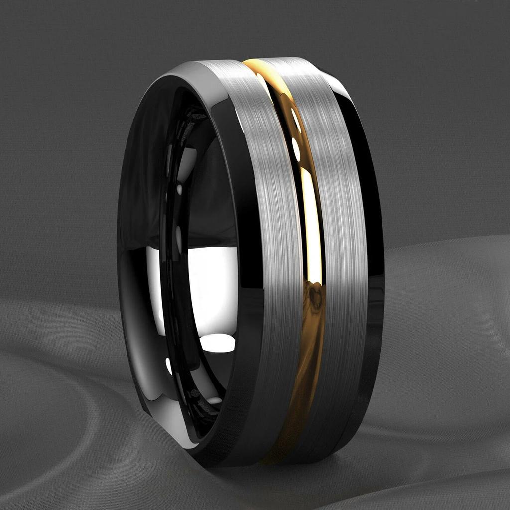 8MM Fashion Gold Color Groove Stainless Steel Rings Silver Color Brushed Black Edge Rings Women Wedding Band Jewelry Men's Ring