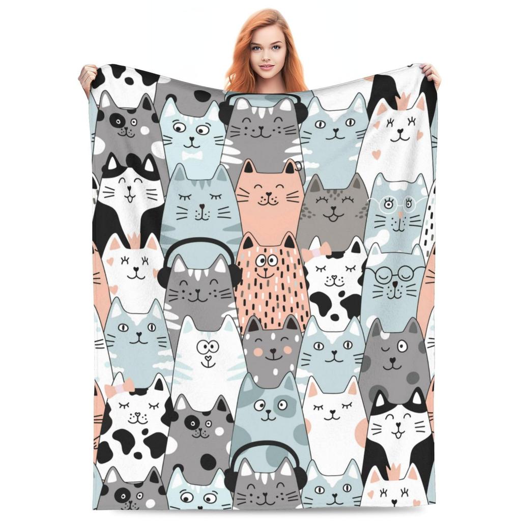 Cute Cat Flannel Blanket Multiple Sizes 2D Print Pink Face Kitty Design Soft Throw Sofa Bedroom Office Snuggle