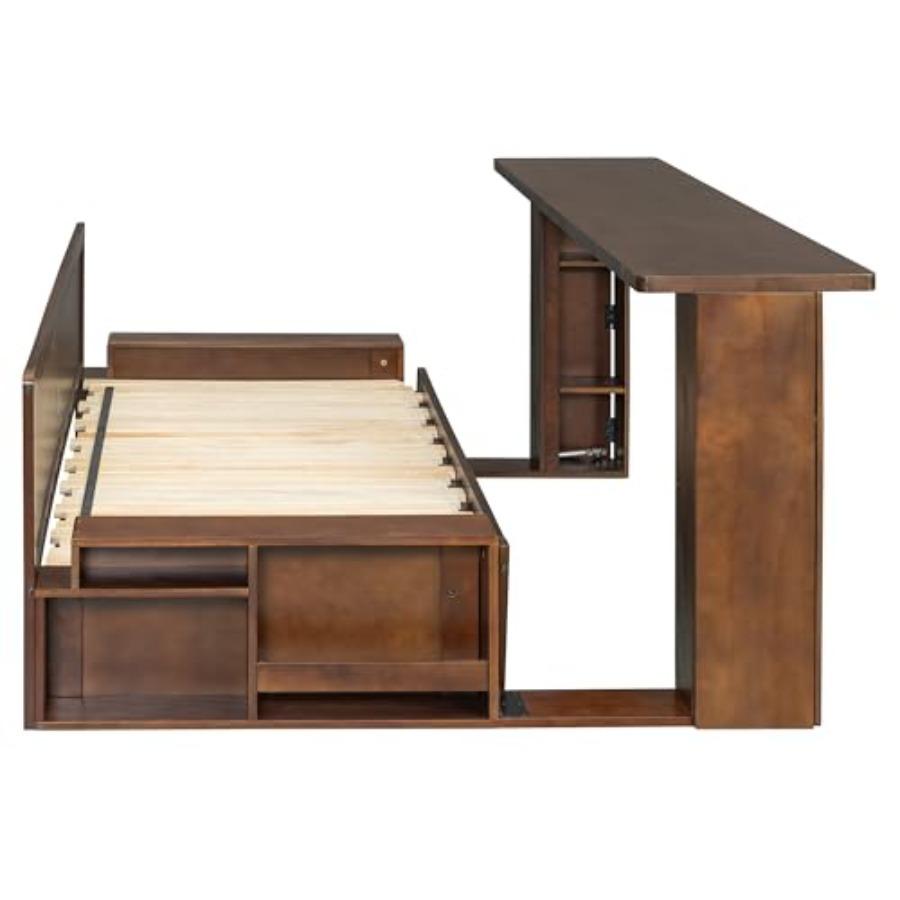 Queen Size Daybed with Removable Desk, Storage Drawers and Hydraulic Side Table, 4-in-1 Multifunctional Sofa Bed for Small Spac