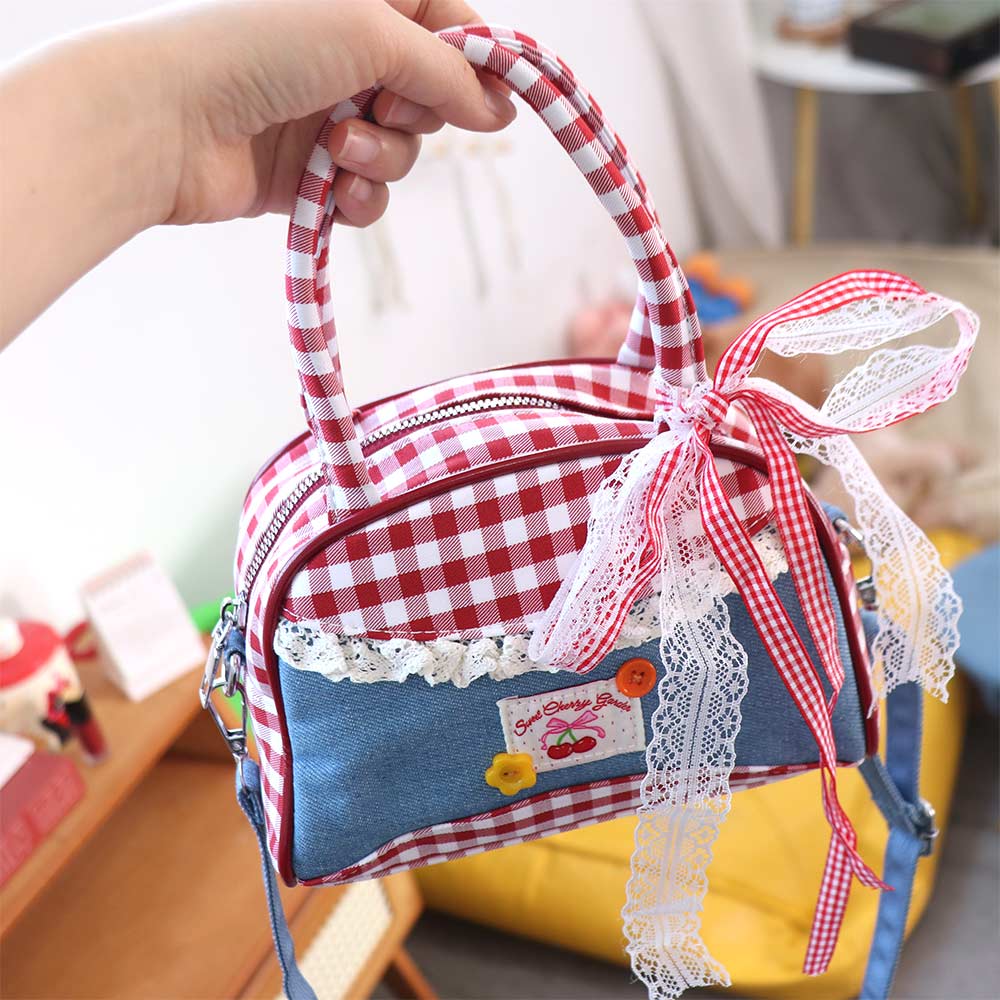 Rural Style Lattice Bowling Bag Lovely Sweet Crossbody Bag Vintage Denim Plaid Handbag  Travel