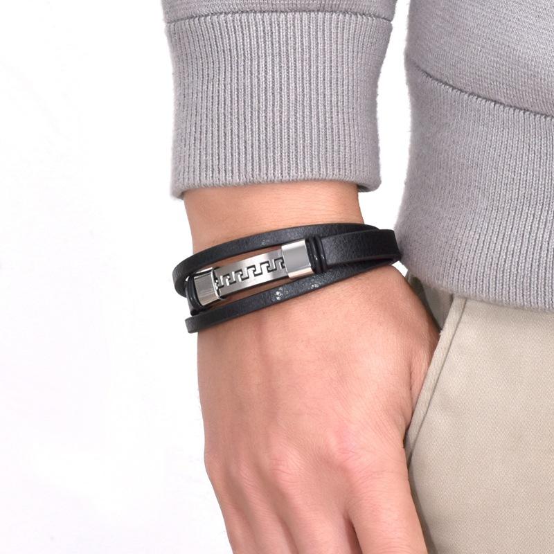 Gold Plated Stainless Steel Great Wall Patterned Leather Bracelet, Personalized Punk Magnetic Buckle, Multi-layer Leather Bracelet for Men