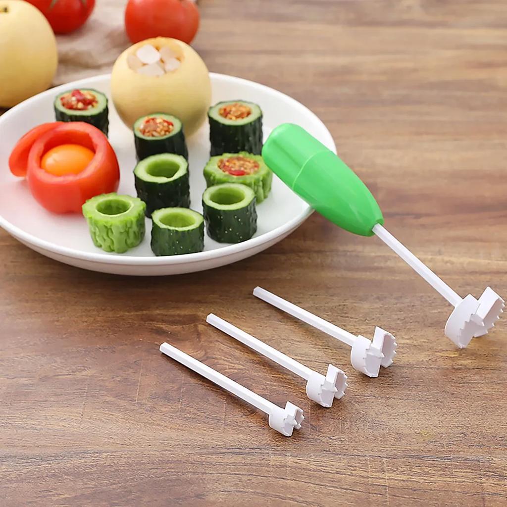 4 In 1 Fruit Vegetable Corer Spiral Digging Vege Drill Veggie Corkscrew Carver with 4Pcs Replaceable Head Spiralizer Cutter Tool