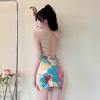 French Retro Tie-dye Print Suspender Dress Female Summer Spice Sexy Backless Straps Slim Hip Skirt