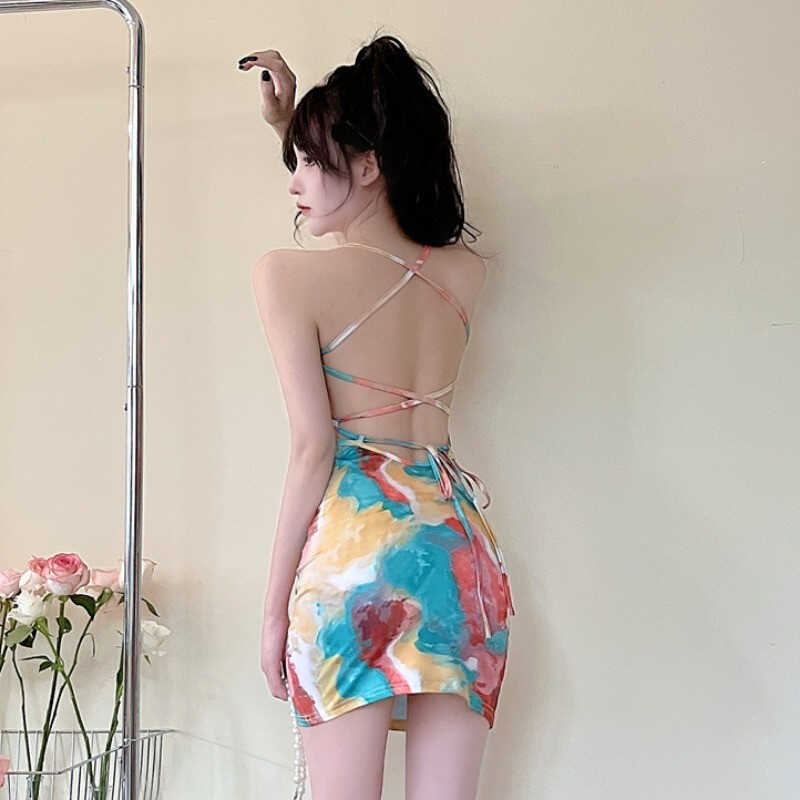 French Retro Tie-dye Print Suspender Dress Female Summer Spice Sexy Backless Straps Slim Hip Skirt
