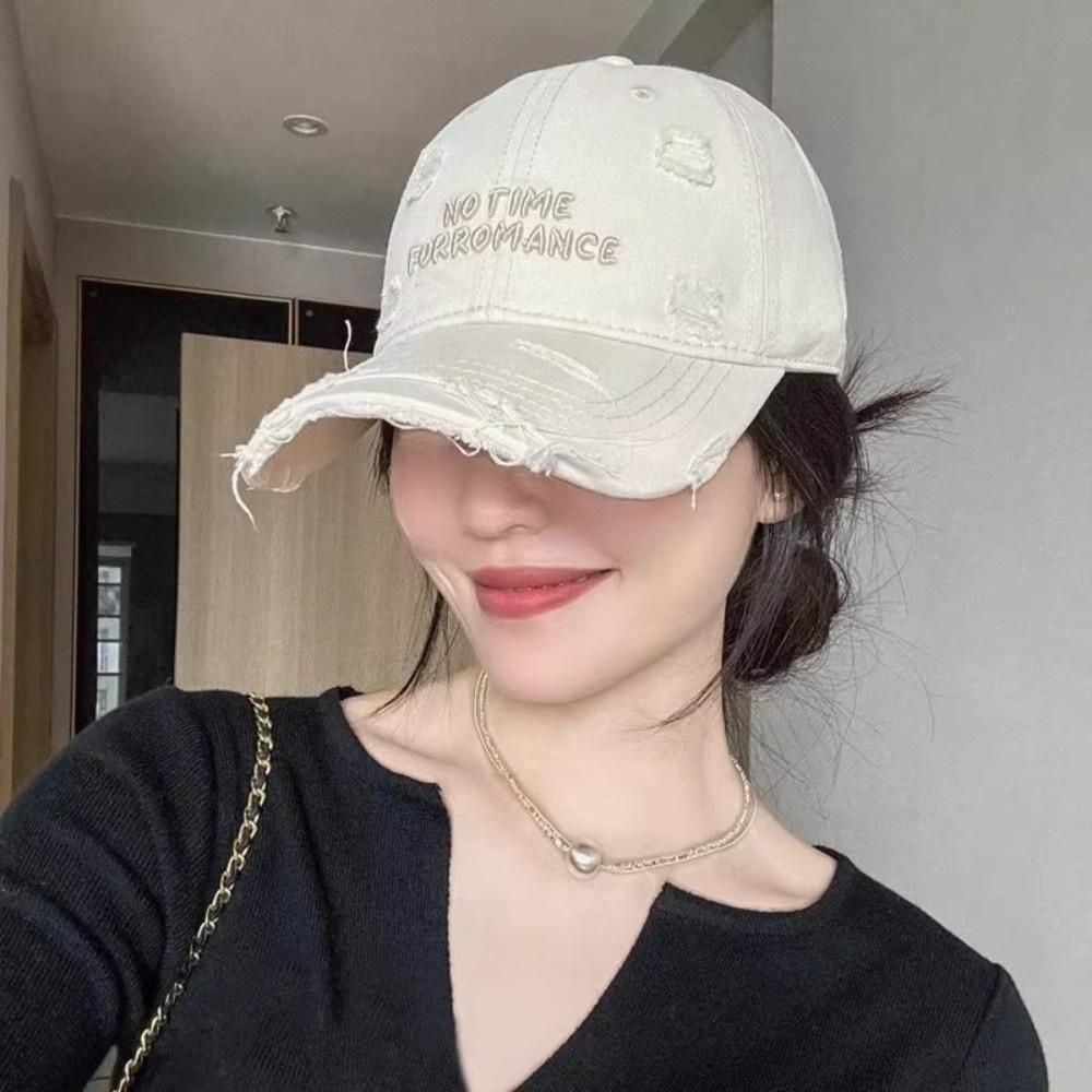 Korean Letter Baseball Hat Adjustable Holes Peaked Cap Solid Color Ripped Baseball Cap Outdoor