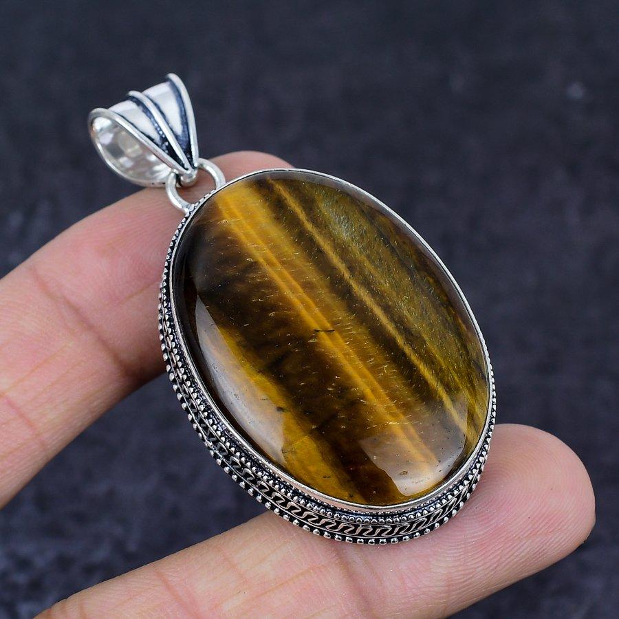 Tiger Eye Gemstone 925 Sterling Silver Jewelry Pendant 2.36"