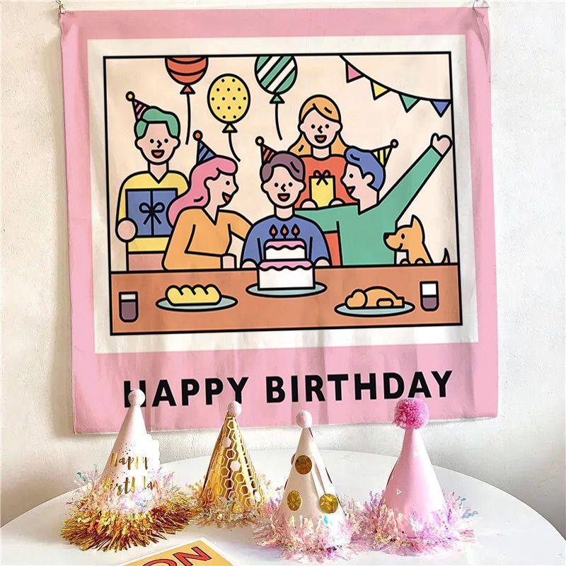Cartoon-Kuchenkerzen Geburtstagsteppich, Farbstreifen Happy Birthday Wandbehang für Schlafzimmer Wohnzimmer Dekor