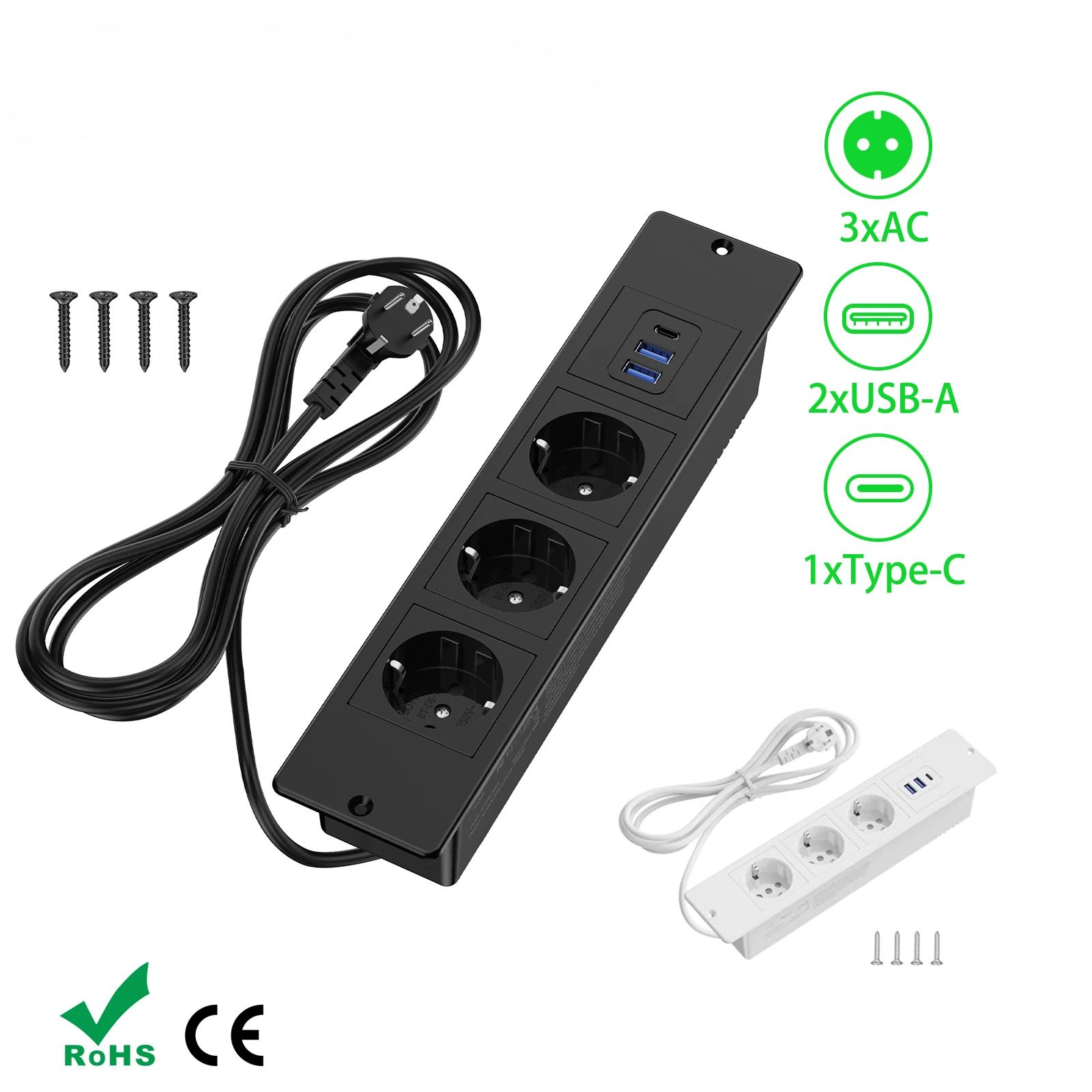 

EU Table Bulit In Sockets Desktop Recessed Sockets with 3AC Outlets 2 USB Fast Charge TYPE-C Hidden Electric Power Strip EU 20W чорний