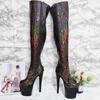 20CM Stiletto Lézer Leopárdmintás Térd Fölé Érő Platform Csizma - Szexi Futópálya Modell Fétis Klub Magassarkú
