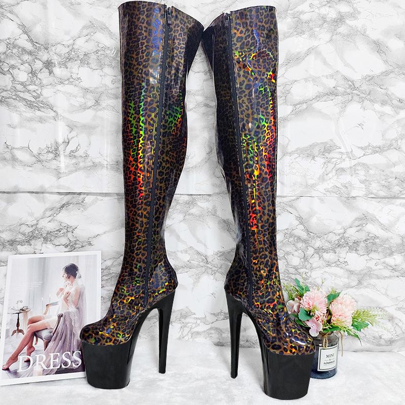 20CM Stiletto Laser Leopard Print Over-The-Knee Platform Boots - Sexy Runway Model Fetish Club High Heels