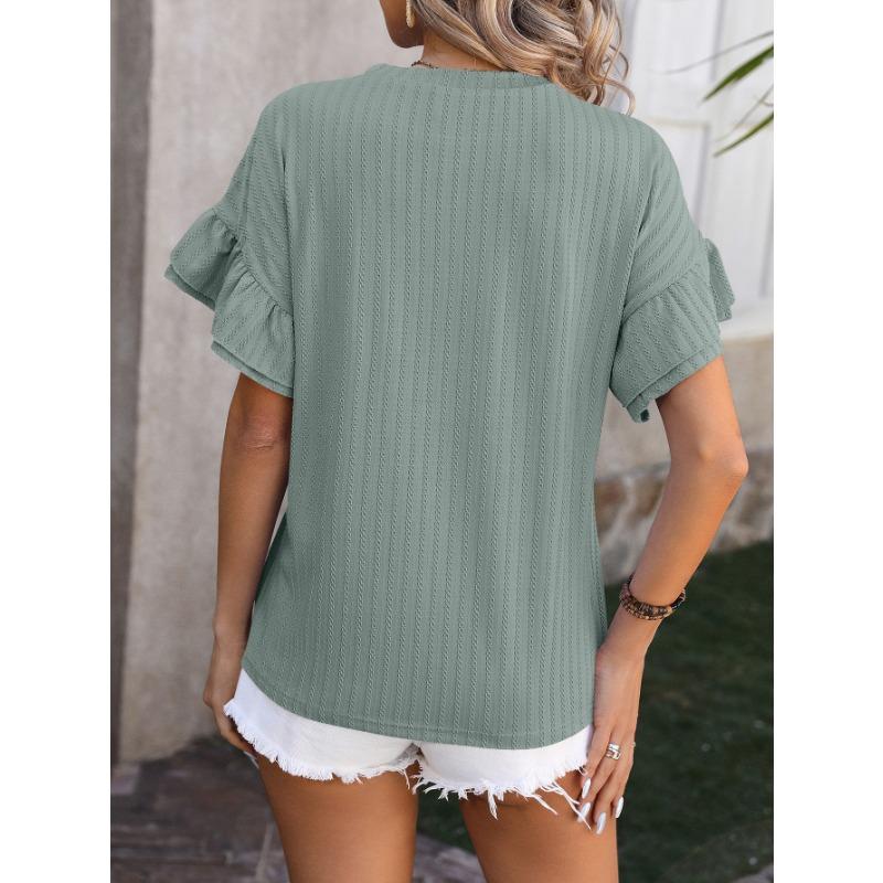 YYFS Blusas y camisas de manga corta con cuello redondo y estampado de Color sólido para mujer, informales, a la moda, verano y primavera