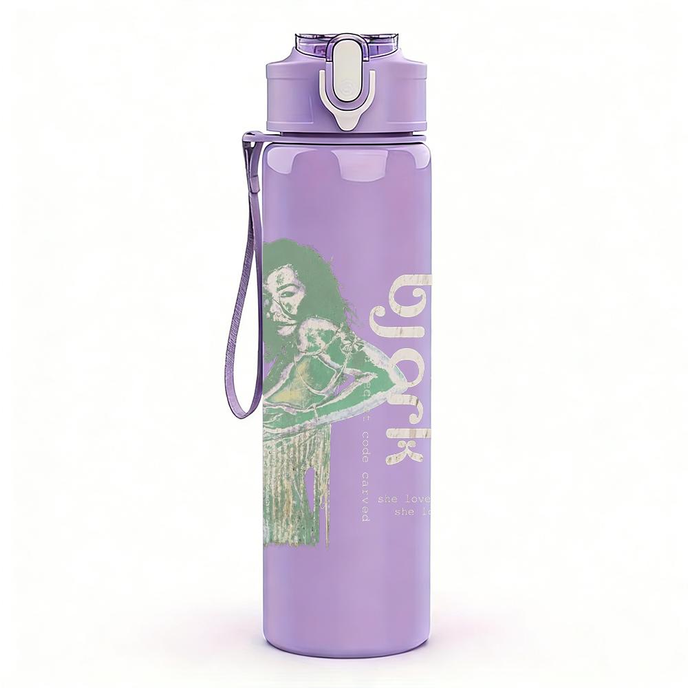 1PC Retro female singer faint silhouette print 750ml colorful plastic sports water bottle leakproof pop up lid with straw for outdoor work home use