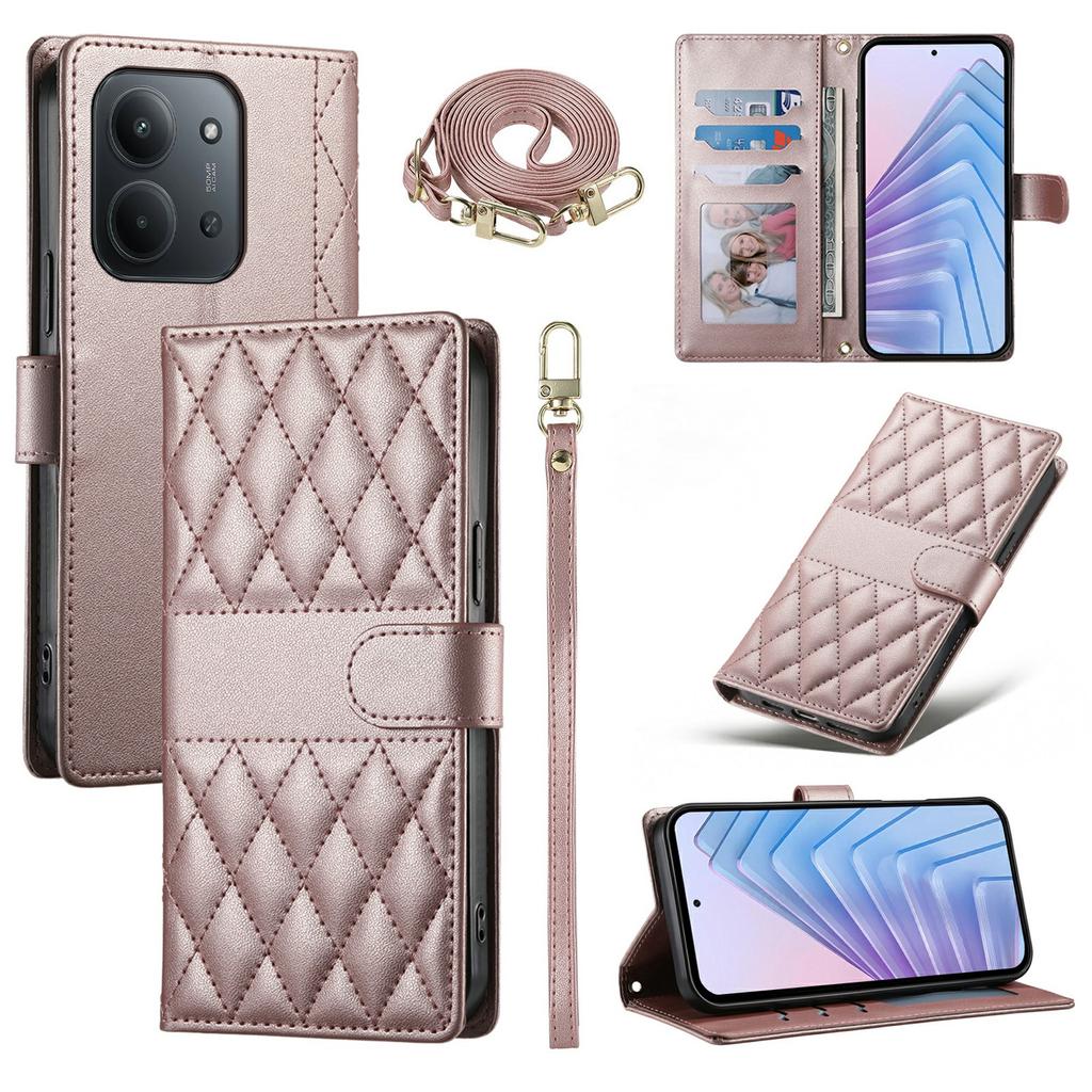 Brieftaschenhülle für Xiaomi Redmi 15C 4G (Global) (171 mm)/Poco C85 4G Rautensteppung Stand Leder Handyhülle mit langem/kurzem Riemen