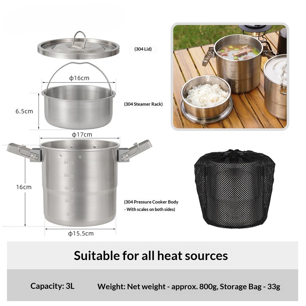 New Stainless Steel Micro-Pressure Camping Pot Home Outdoor Foldable Portable Cooking Pot with Lid, Compatible with Most Stoves