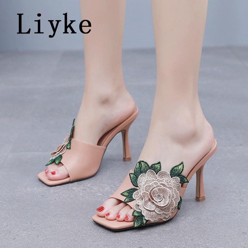 Fashion Liyke Fashion Design Embroidery Flower Women's Thin High Heels Slippers Sandals Street Sexy Square Toe Summer Party Dress Shoes
