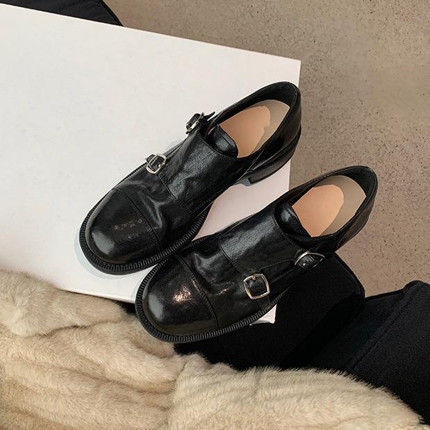 Strictly selected grape mother horse leather shrink pattern round head thick heel small leather shoes British style heightening effect loafers women's