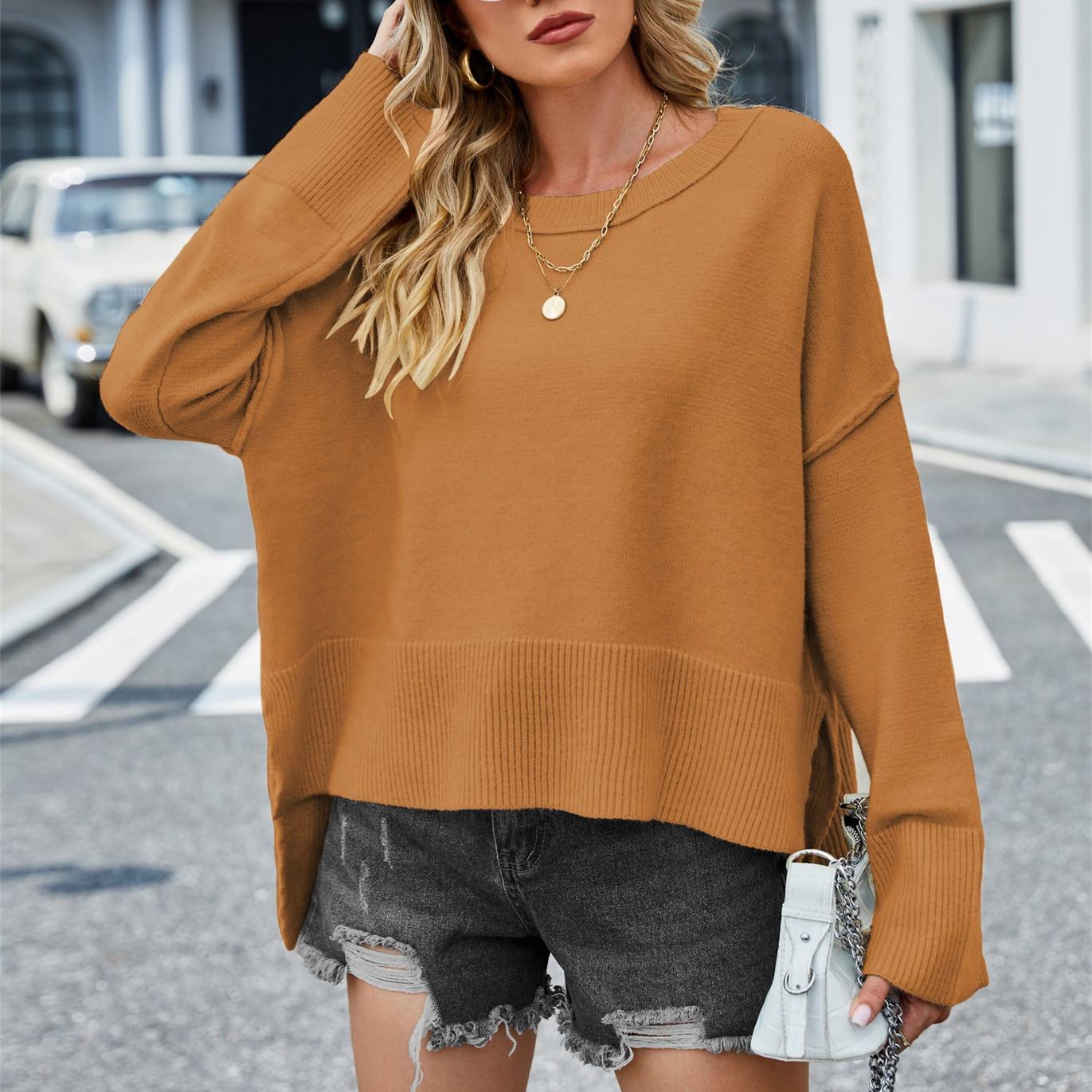 

QICED женские модные повседневные однотонные принты осень-зима с длинными рукавами и круглым вырезом свободные свитера XL оранжевый