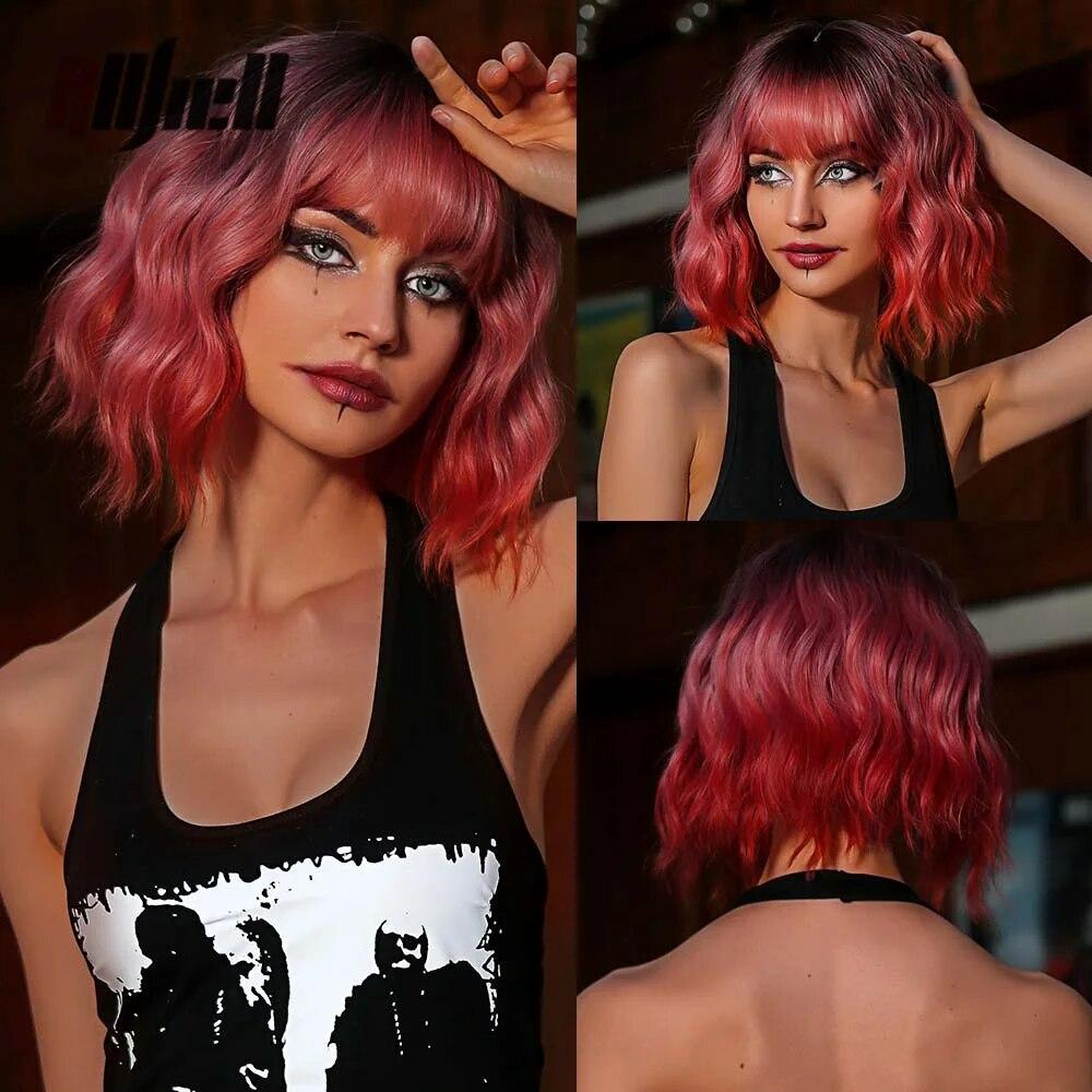 Shoulder Long Copper Ginger Wig Orange Synthetic Water Wave Wigs for Women Heat Resistant Daily Halloween Cosplay Wig with Bangs