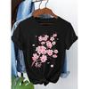Women's Casual T-shirt, Cherry Blossom Print, Short Sleeves, Round Neck, Spring/summer Floral Design, with Japanese Characters.