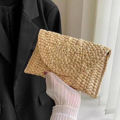 Bolsos de moda para mujer, bolso de mano tejido de paja de maíz Retro de verano, monedero con llave, bolso de mano para playa