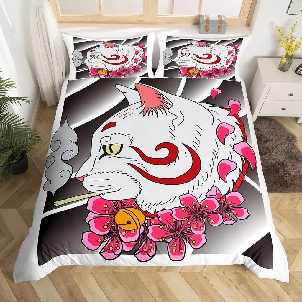 Lucky Cat Duvet Cover Set Japanese Style Wave Pattern Bedding Sets Adult Kid Bedroom Exotic Decor King Comforter Cover 3Pcs Set
