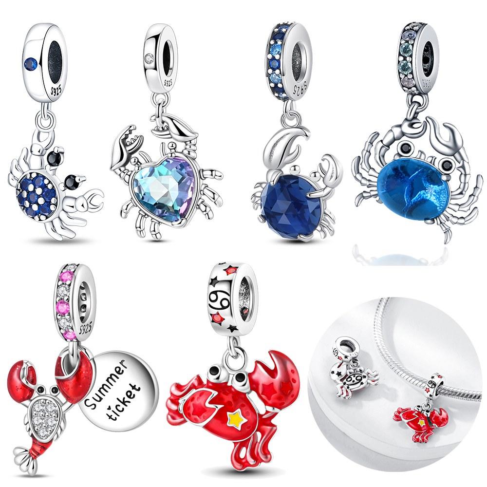 Silver Colors Blue Crab Red Lobster Charms Pendant Fit Bracelet DIY Fine Jewelry Gift for Women