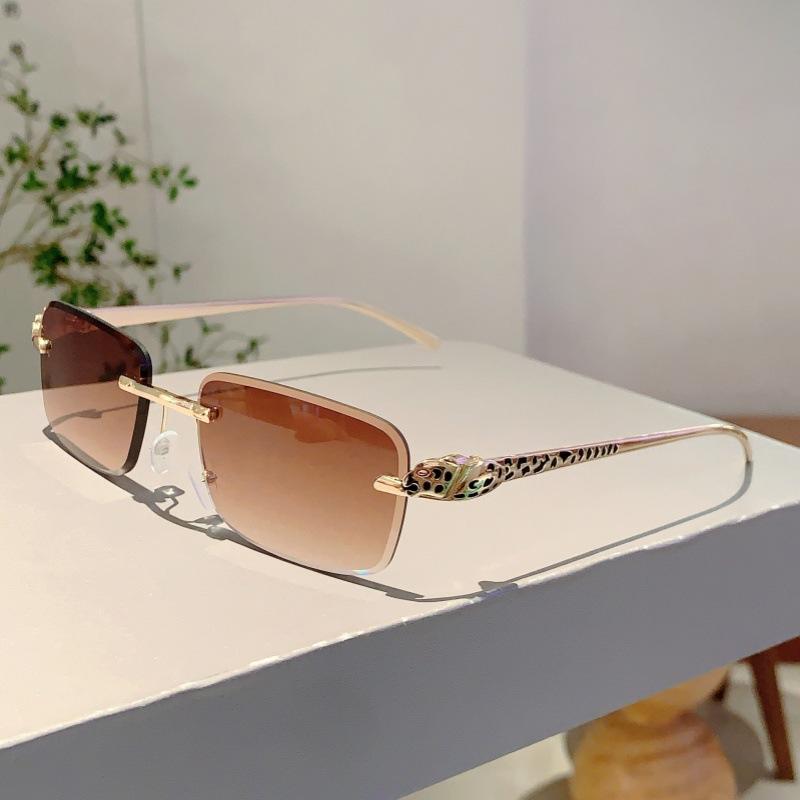 Rimless Punk Vintage Square Sunglasses Women Men Luxury Brand Designer UV400 Metal Leopard Head Shade
