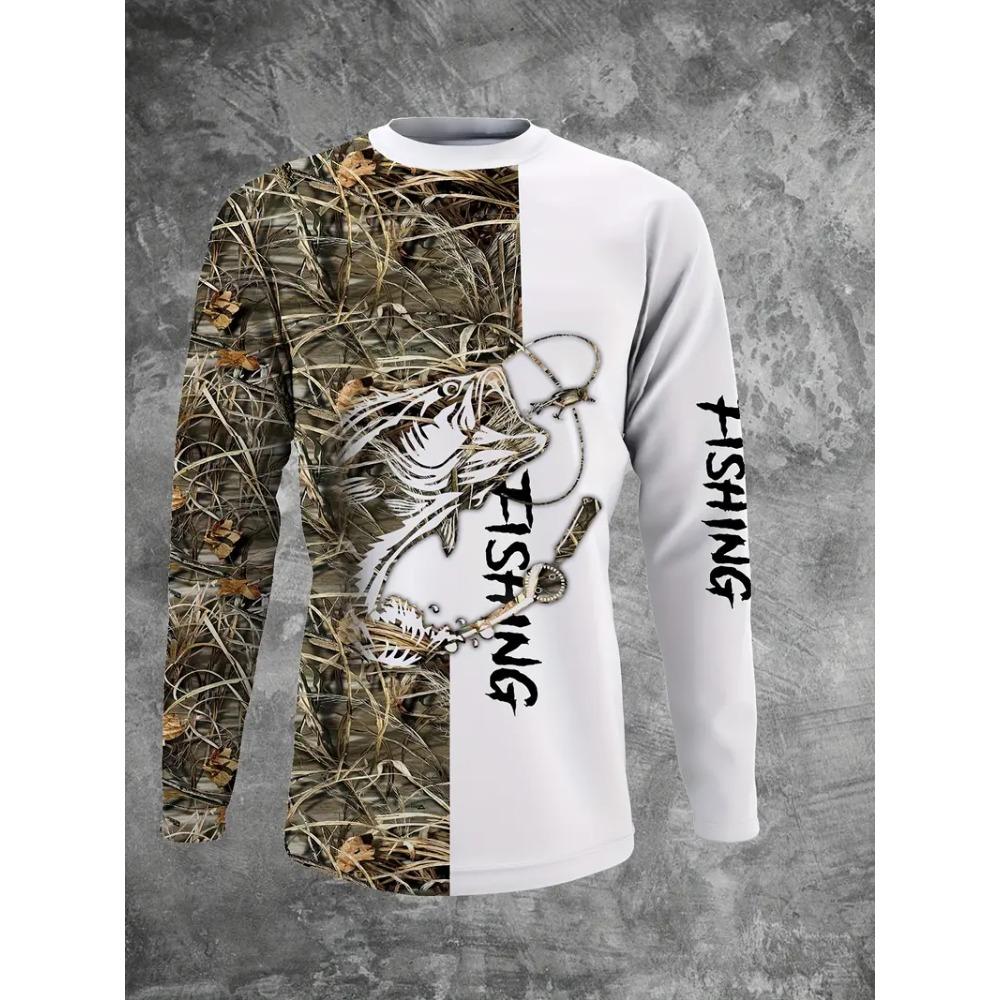 Men's Outdoor Fishing Long Sleeve T-shirts Round Neck Summer Casual Loose Top Oversized Fishing Clothes