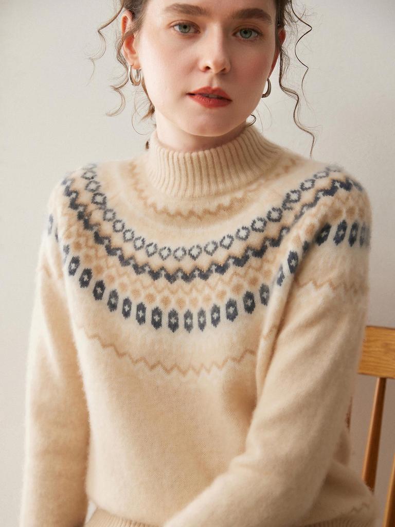 2025 Women's Fair Isle Cashmere Sweater: Autumn/Winter Knit Half-High Collar Loose Fit